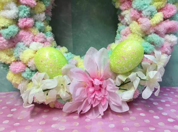 Easter Loop Yarn Wreath Tutorial Completed Close Up