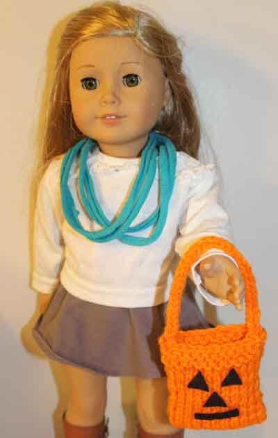 American Girl Doll Knitted Trick or Treat Bag - Doll holding bag