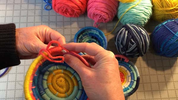Coil Basket 39 Wrap Yarn with needle to cover end
