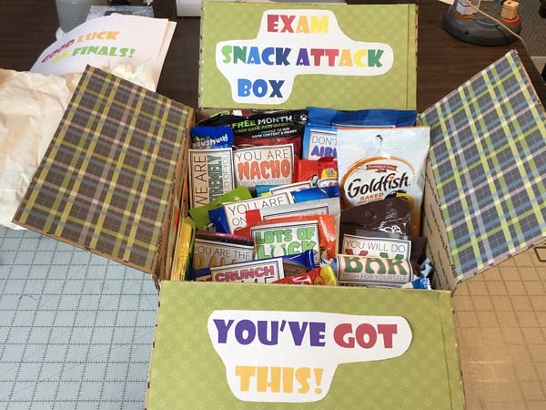 College Exam Care Package Filled Box