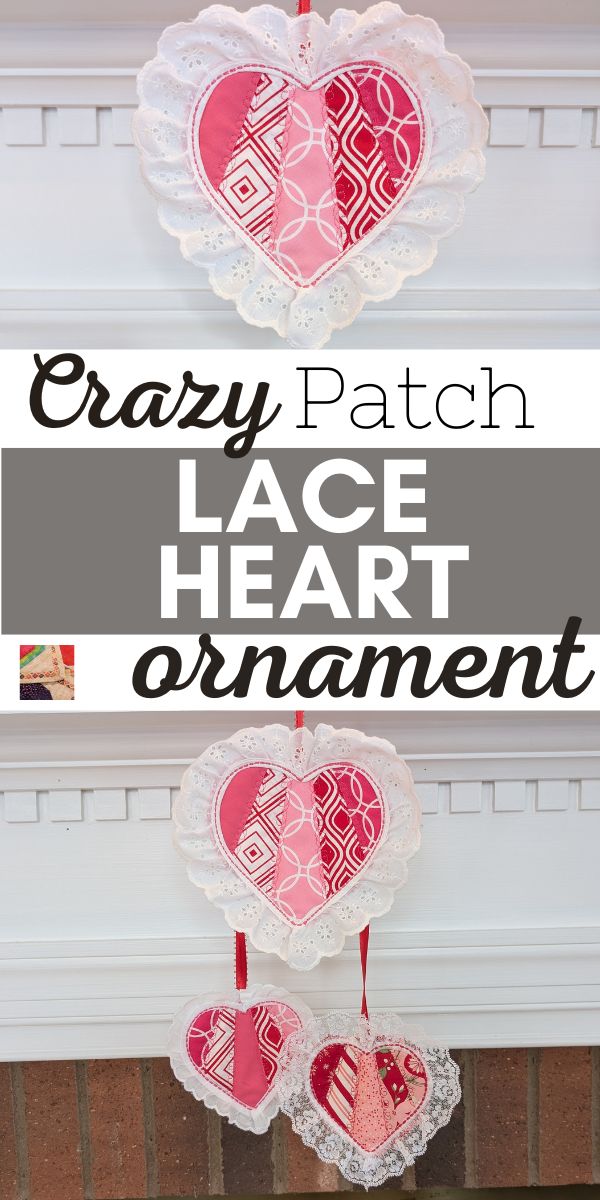 Crazy Patch Lace Heart Ornament - pin