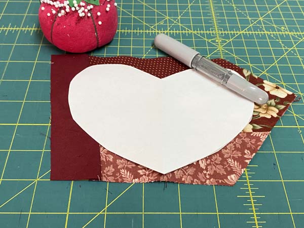 Crazy Patchwork Heart Fabric template pins marking chalk