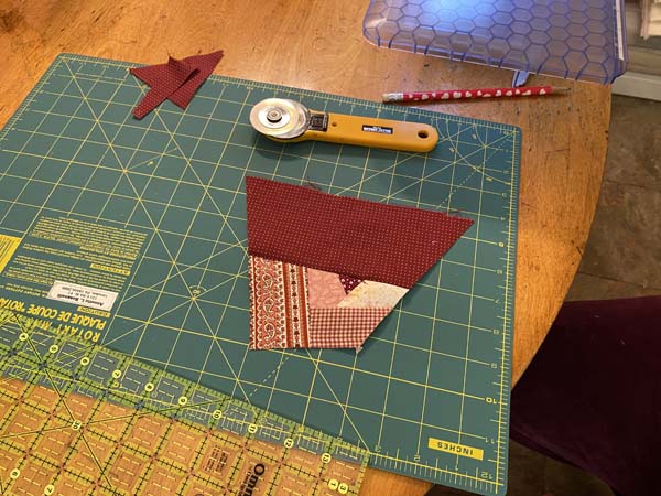 Crazy Patchwork Heart Showing Work Space and Fabrics