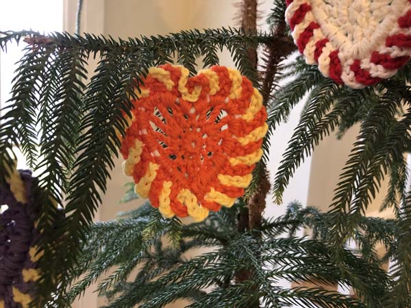 Crochet Heart Finished Orange on Tree
