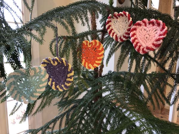 Crochet Heart Five Finished on Tree