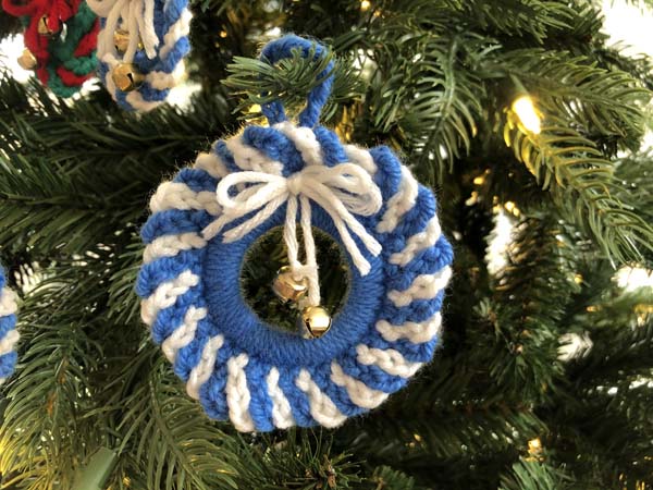 Crochet Wreath Ornament Blue White Finished on Tree