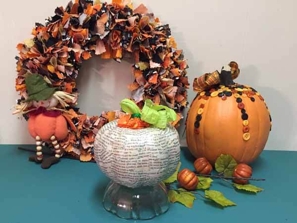Decoupage Book Pumpkin - Finished with Wreath and Button Pumpkin