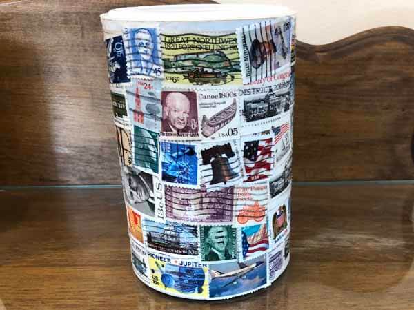 Postage Stamp Decoupage Container - Finished Closeup
