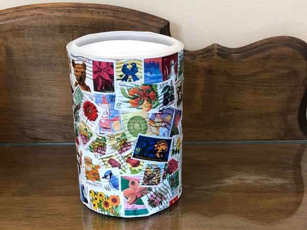 Postage Stamp Decoupage Container - Stamps Placed Randomly