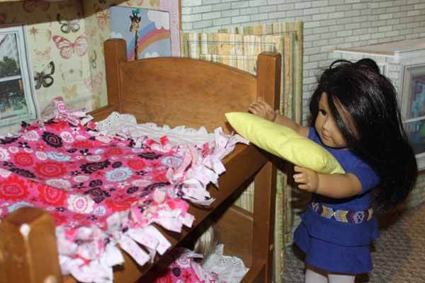 Doll Bed Pillow Tutorial - Katherine making her bed
