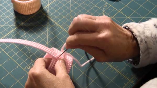 Doll Easter Basket Plastic Canvas 20 Stitch handle to basket side