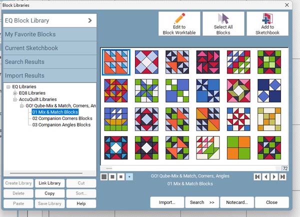 EQ8 Accuquilt Browsing Blocks