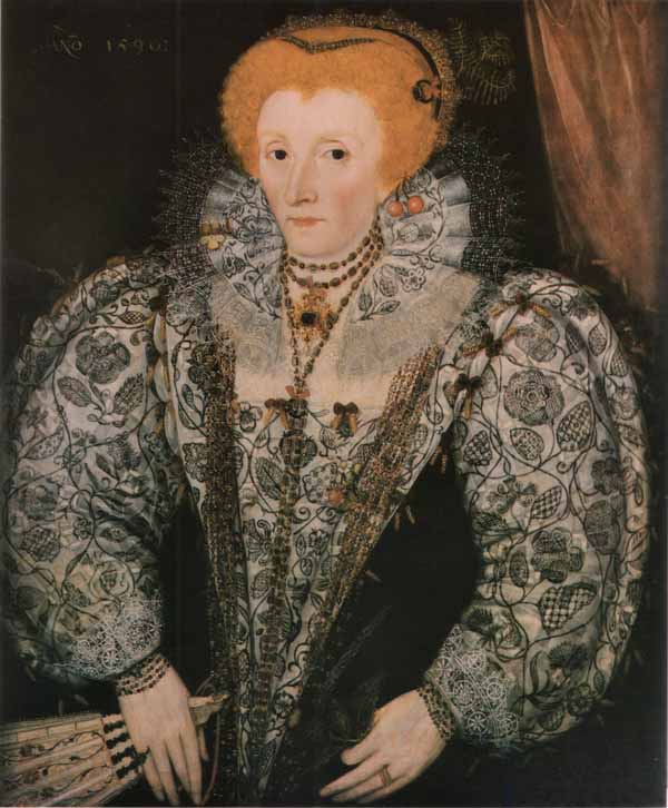 Elizabeth I wearing free-stitched blackwork sleeves, stomacher, and collar (beneath a sheer linen ruff), c.1590.[6]
