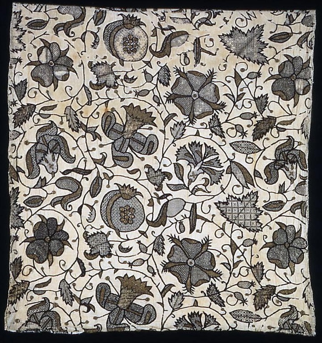 English blackwork cushion cover, late 16th century. Linen embroidered with silk and metallic thread, in a mix of counted and free-stitched stitches, including buttonhole, chain, double running, overcast, plaited braid, and square open work stitches. Art Institute of Chicago textile collection.