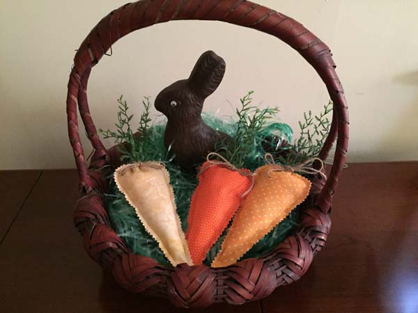 Fabric Carrots In Basket w Chocolate Bunny