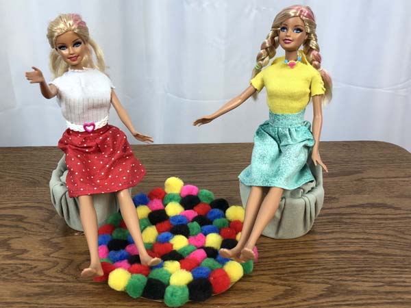 Fashion Doll Chair Two Dolls on Chairs with Pom Pom Rug