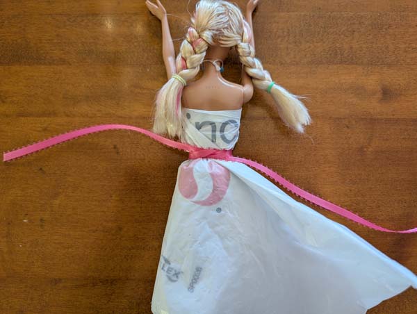 Fashion Doll Dress From Plastic Bag 10 Tie Ribbon Around Doll Waist