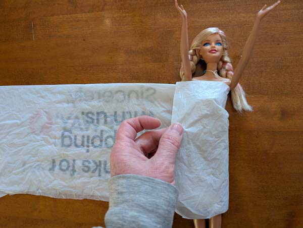 Fashion Doll Dress From Plastic Bag 7 Wrap End Around Doll