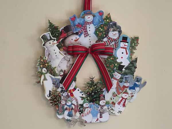 Recycled Greeting Card Snowman Wreath
