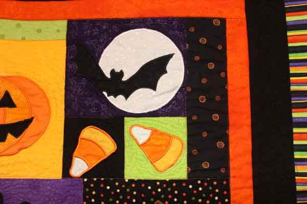 Halloween Fun Wall Hanging - Machine Embroidered Quilt Closeup 1