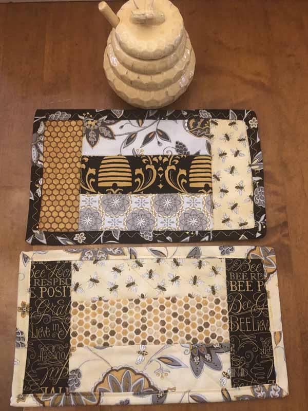 Free Jelly Roll Mug Rug Pattern Sample Front with Honey Jug