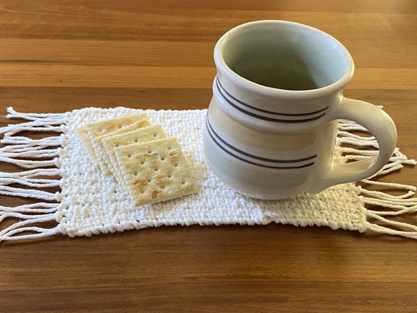 Linen Stitch Mug Rug With Mug and Crackers