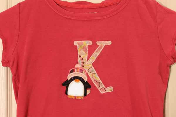 Machine Embroidered T-Shirt - Letter K with Penguin
