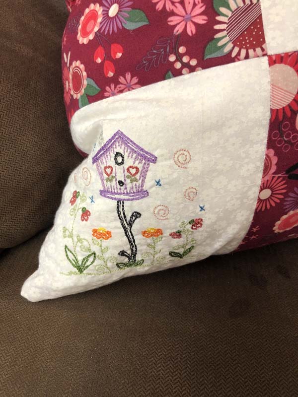 Machine Embroidered Nine Patch Pillow Closeup Bottom Left