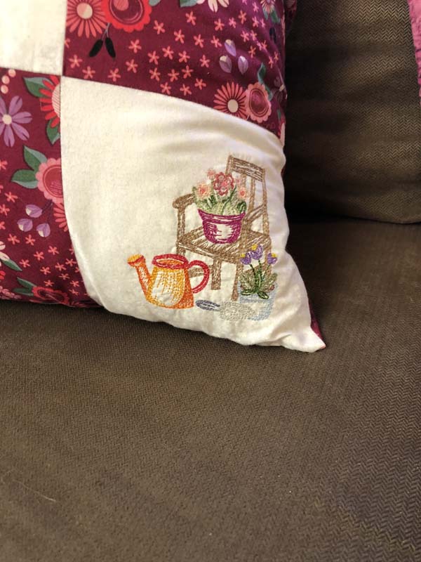 Machine Embroidered Nine Patch Pillow Closeup Bottom Right