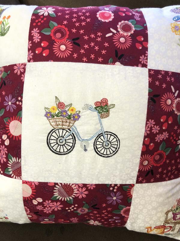 Machine Embroidered Nine Patch Pillow Closeup Center