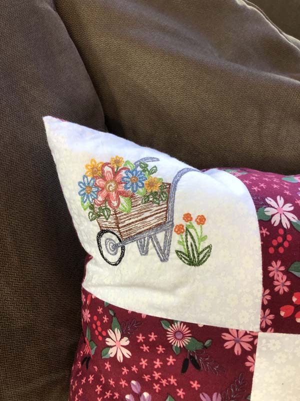 Machine Embroidered Nine Patch Pillow Closeup Top Left