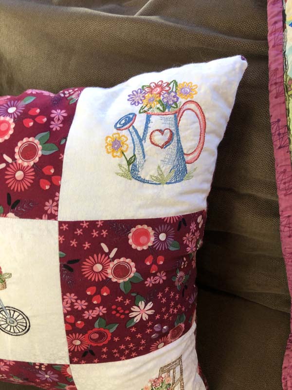 Machine Embroidered Nine Patch Pillow Closeup Top Right