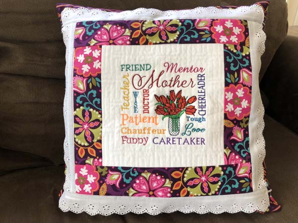 Mothers Day Pillow with Lace Finished On Couch Front