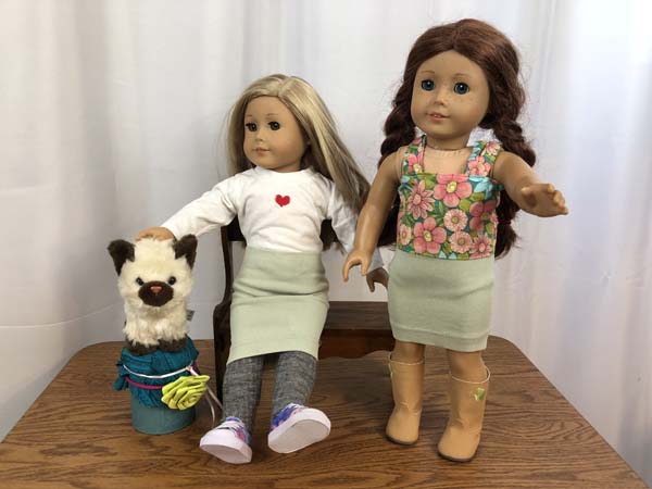 No Sew Doll Skirt Two Dolls Wearing Skirt with Cat