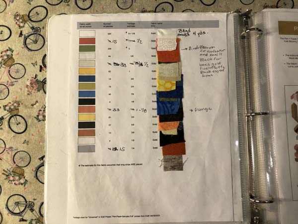 Pen and Paper Quilt Color List with Fabric Swatches