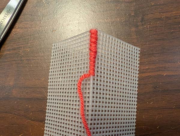 Plastic Canvas Whip Stitch 9 Showing Front stitches are on a diagonal