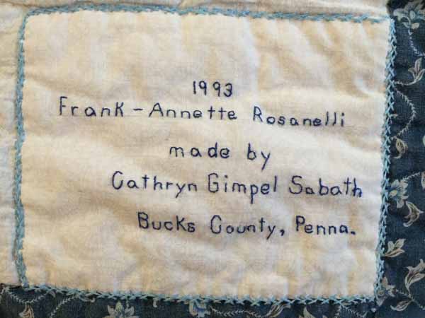 Hand Embroidered with Year, who given to, made by and location.