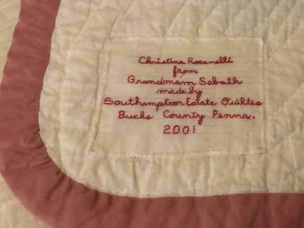 Quilt Label with To, From, Who Made, Where and Year, all hand stitched.