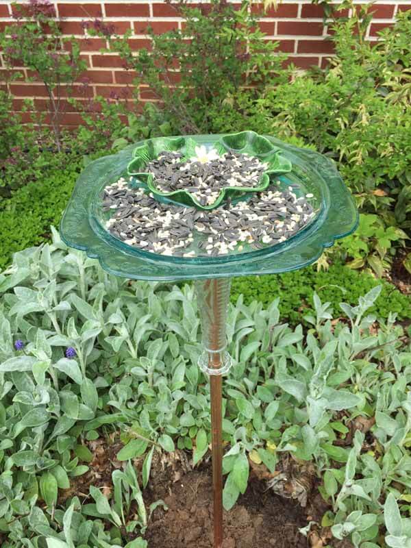 Recycled Dish Bird Feeder - In garden