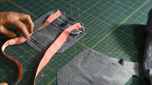 Recycled Jean Pocket Bag Tutorial - Pin Ribbon Strap