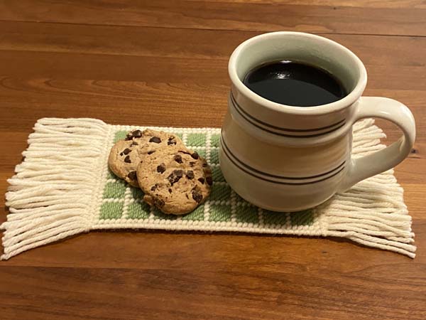 Scotch Stitch Mug Rug Finished with Mug and Cookies