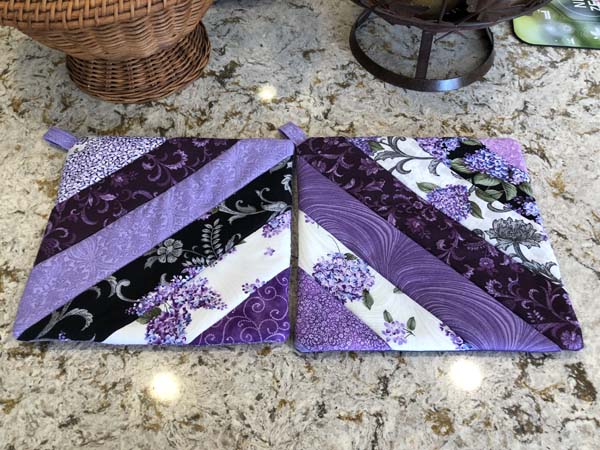 String Pieced Potholders in Purple Fabric