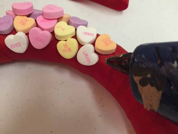 Valentine Candy Hearts Wreath - Add Hot Glue
