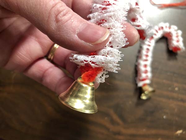 Vintage Candy Cane Ornament 17 Turn pipecleaner to secure bell