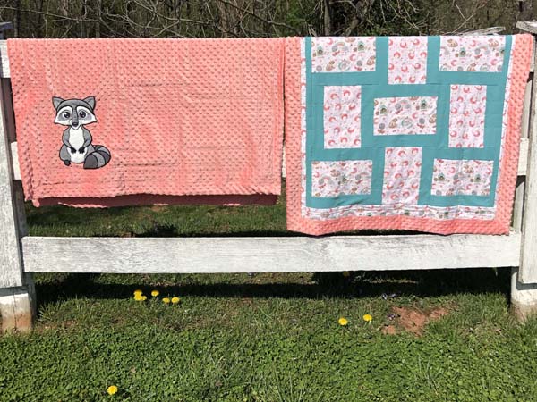 Woodland Animals Baby Quilt On Fence Showing Back